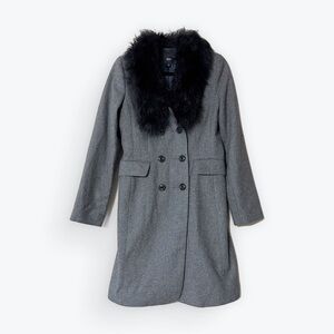 Elegant Charcoal Double-Breasted Pea Coat with Faux Fur Collar. 90% good.